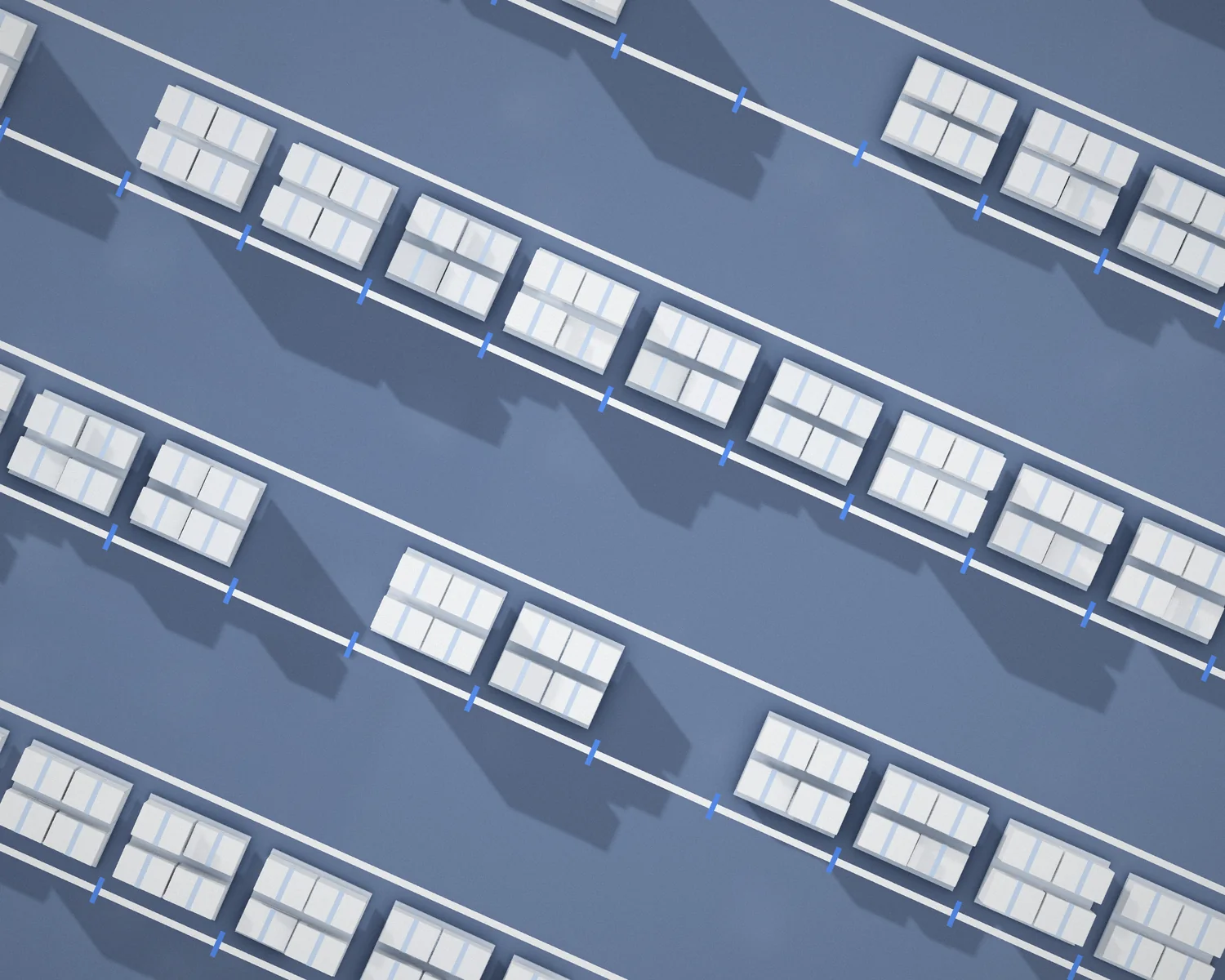 Aerial view of organized pallets of cartons in a wholesale warehouse